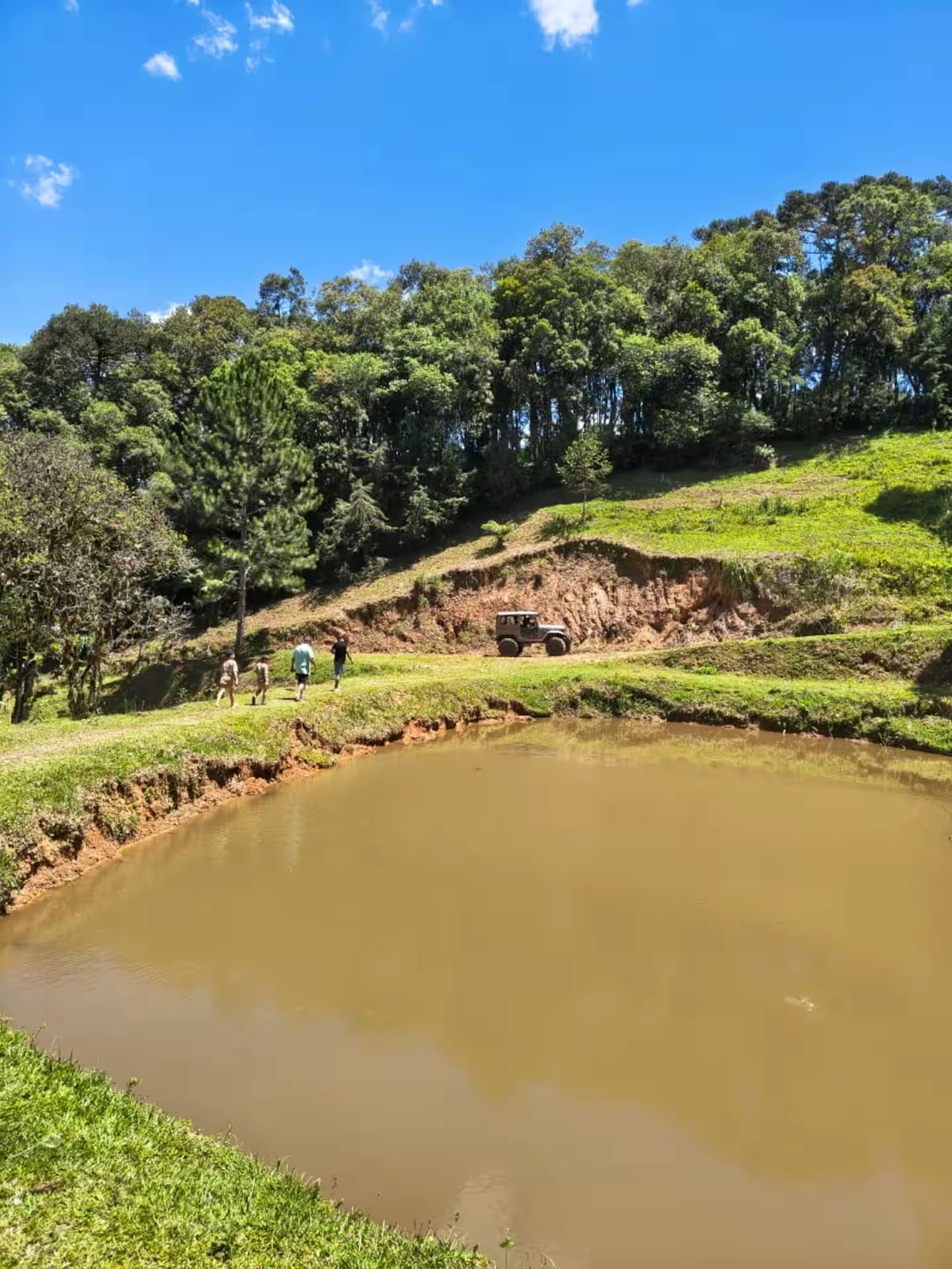 Lago cercado por gramado verde e mata, com pessoas caminhando na margem