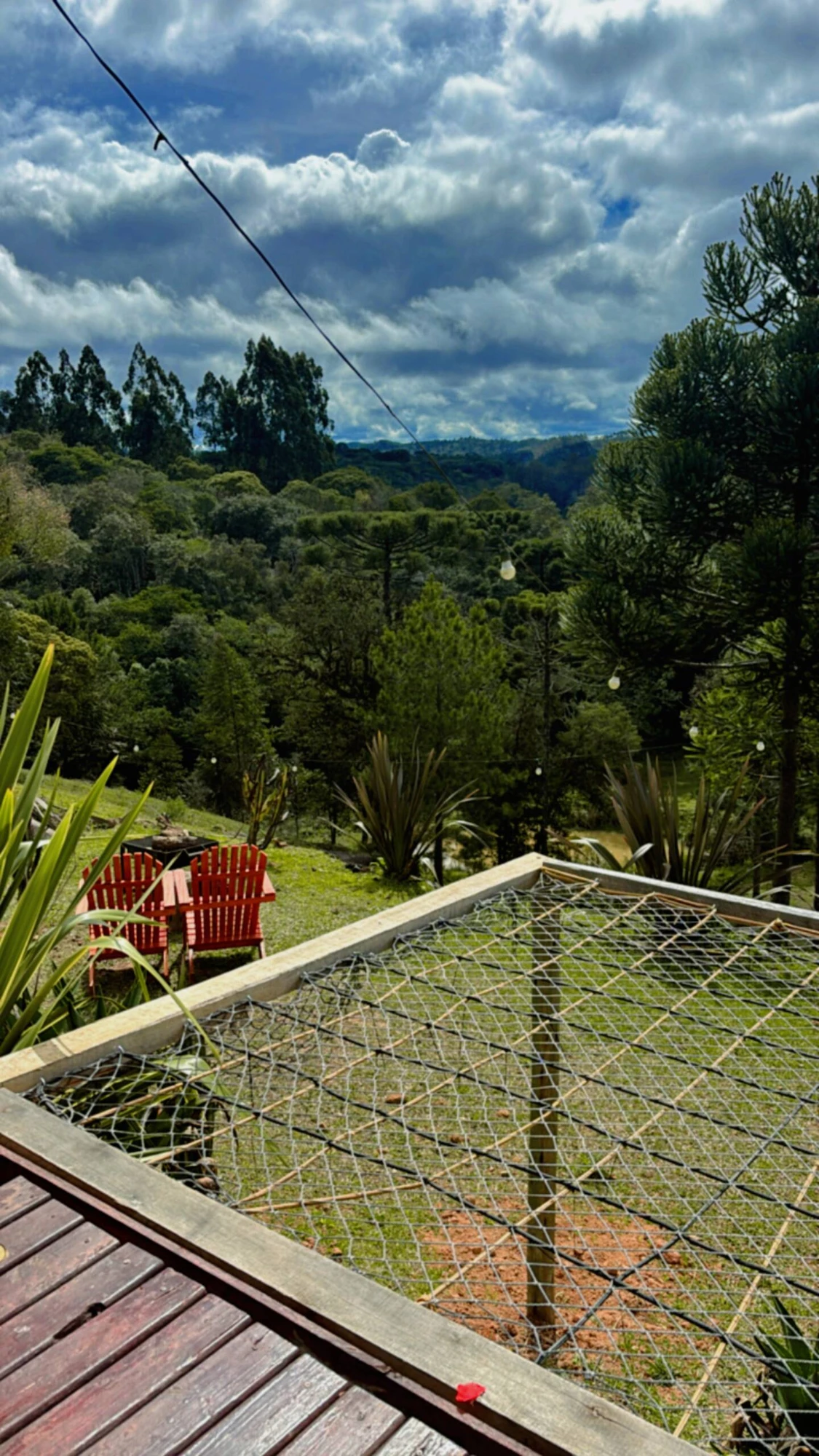 Rede de descanso suspensa sobre o gramado, com a mata e nuvens ao fundo